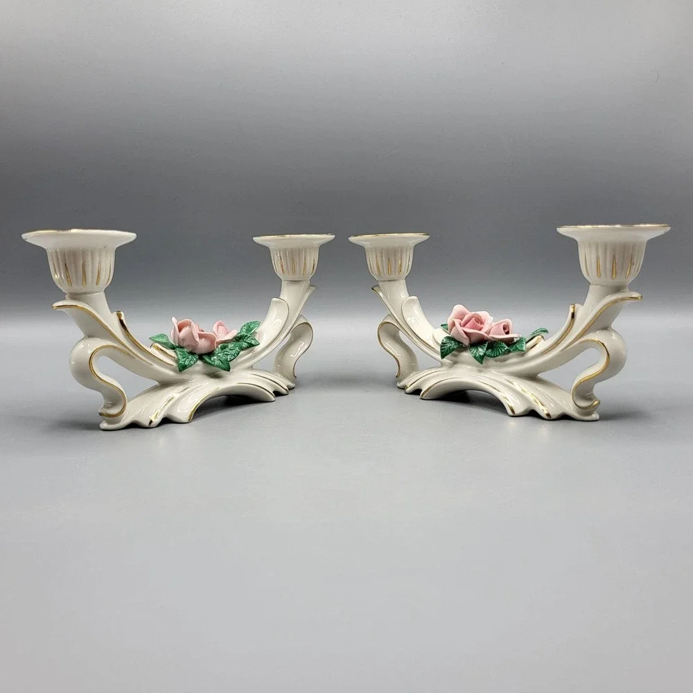 Vtg Dresden Porcelain Rose Double Candle Holder Candlestick Set of 2 Germany